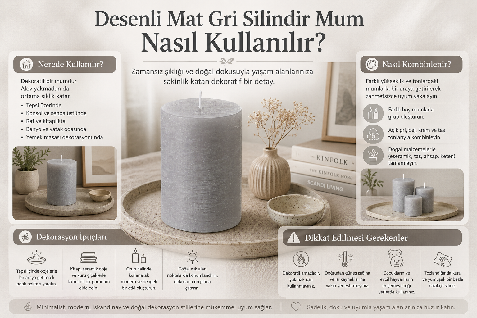 Desenli Mat Gri Silindir Mum Nasıl Kullanılır?