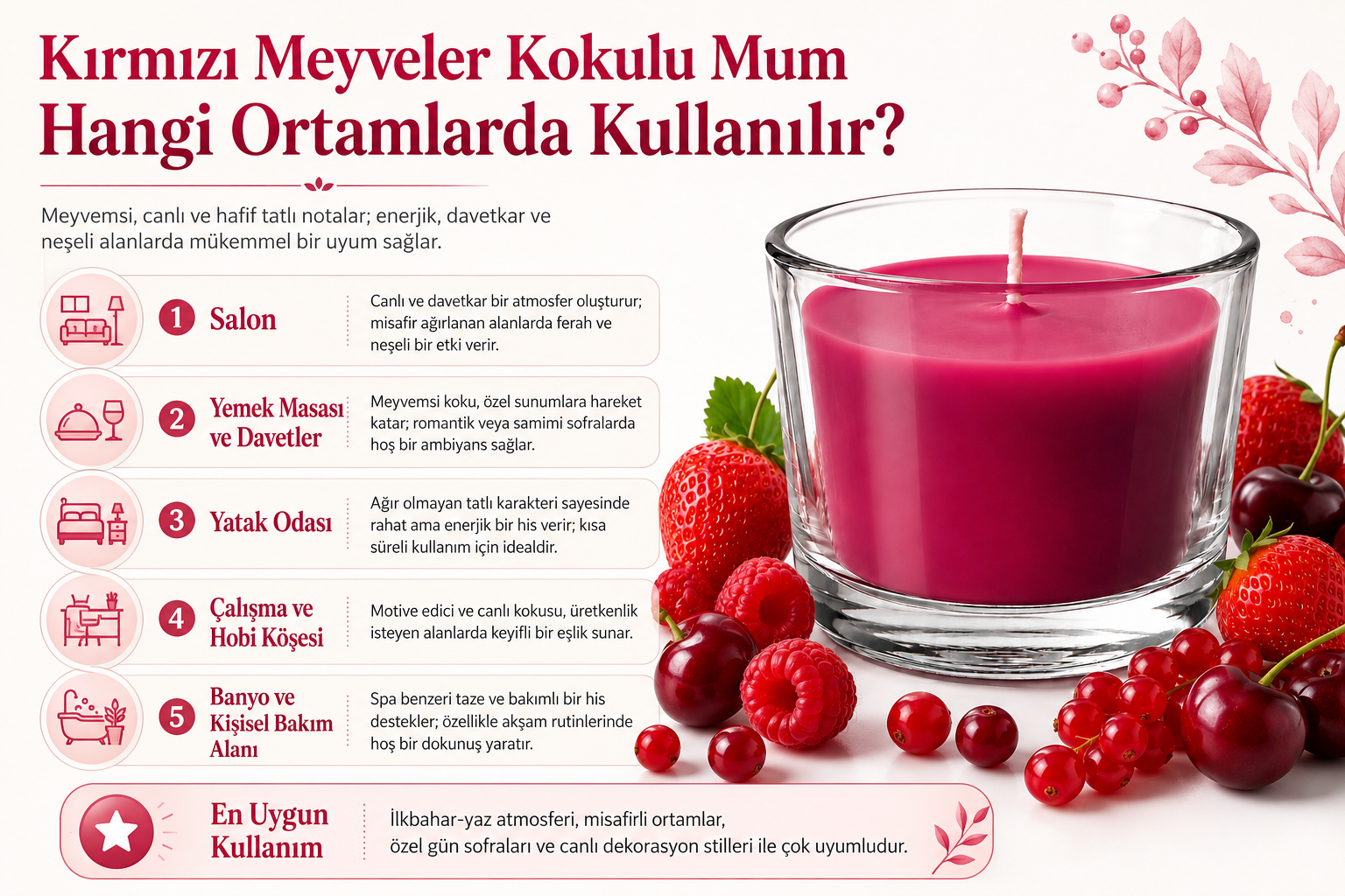 Kırmızı Meyveler Kokulu Mum Hangi Ortamlarda Kullanılır?